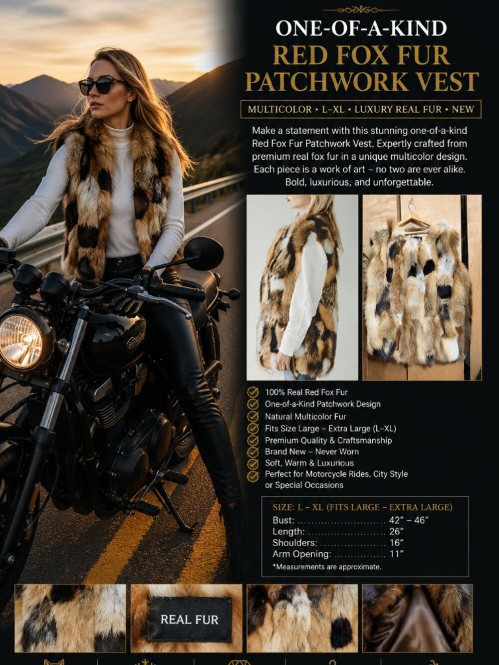 One-of-a-Kind Red Fox Fur Patchwork Vest L–XL – Multicolor Luxury Real Fur – New